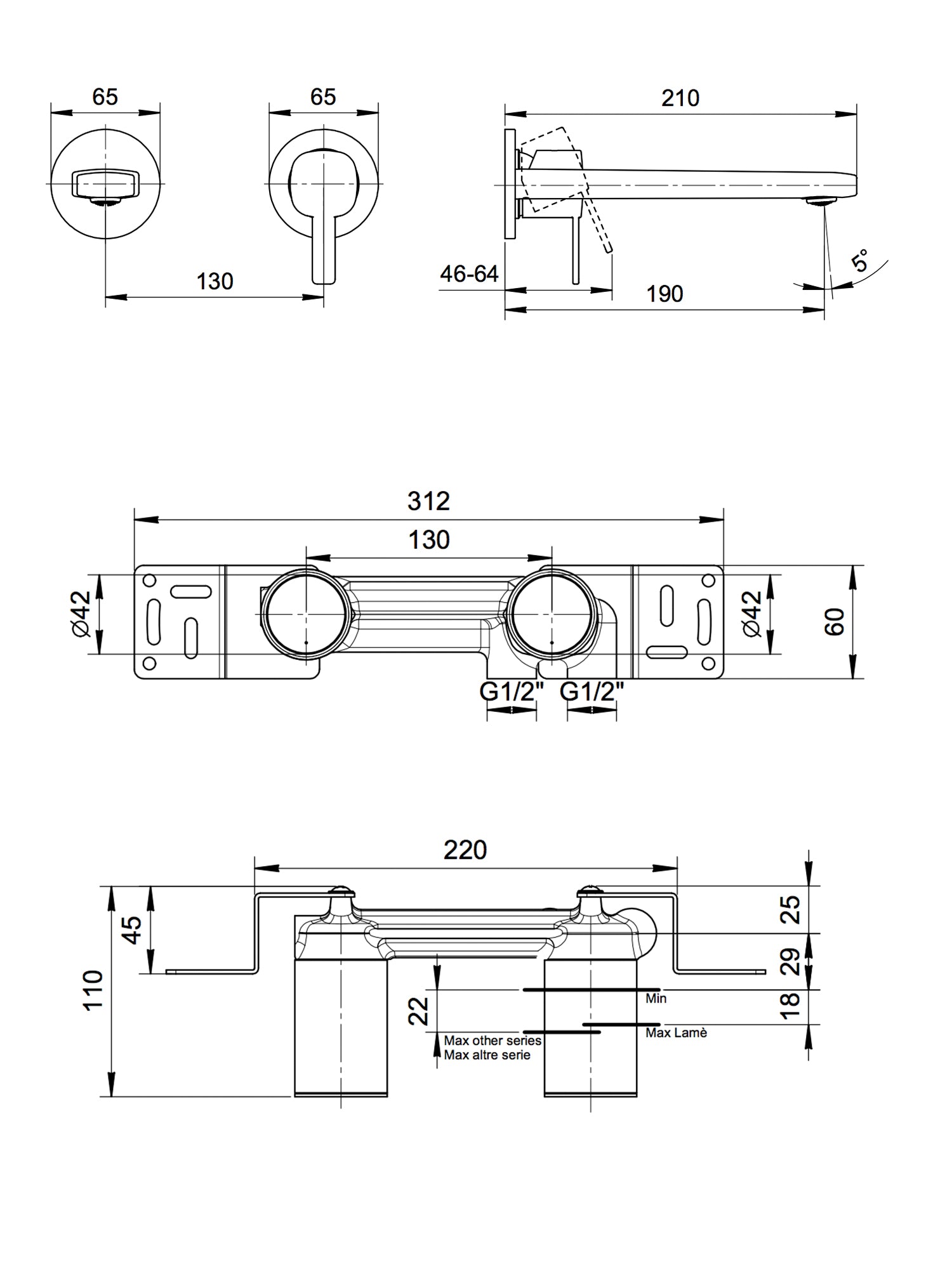 Lamé Wall-Mounted Basin Mixer 190mm Spout #GPM111B