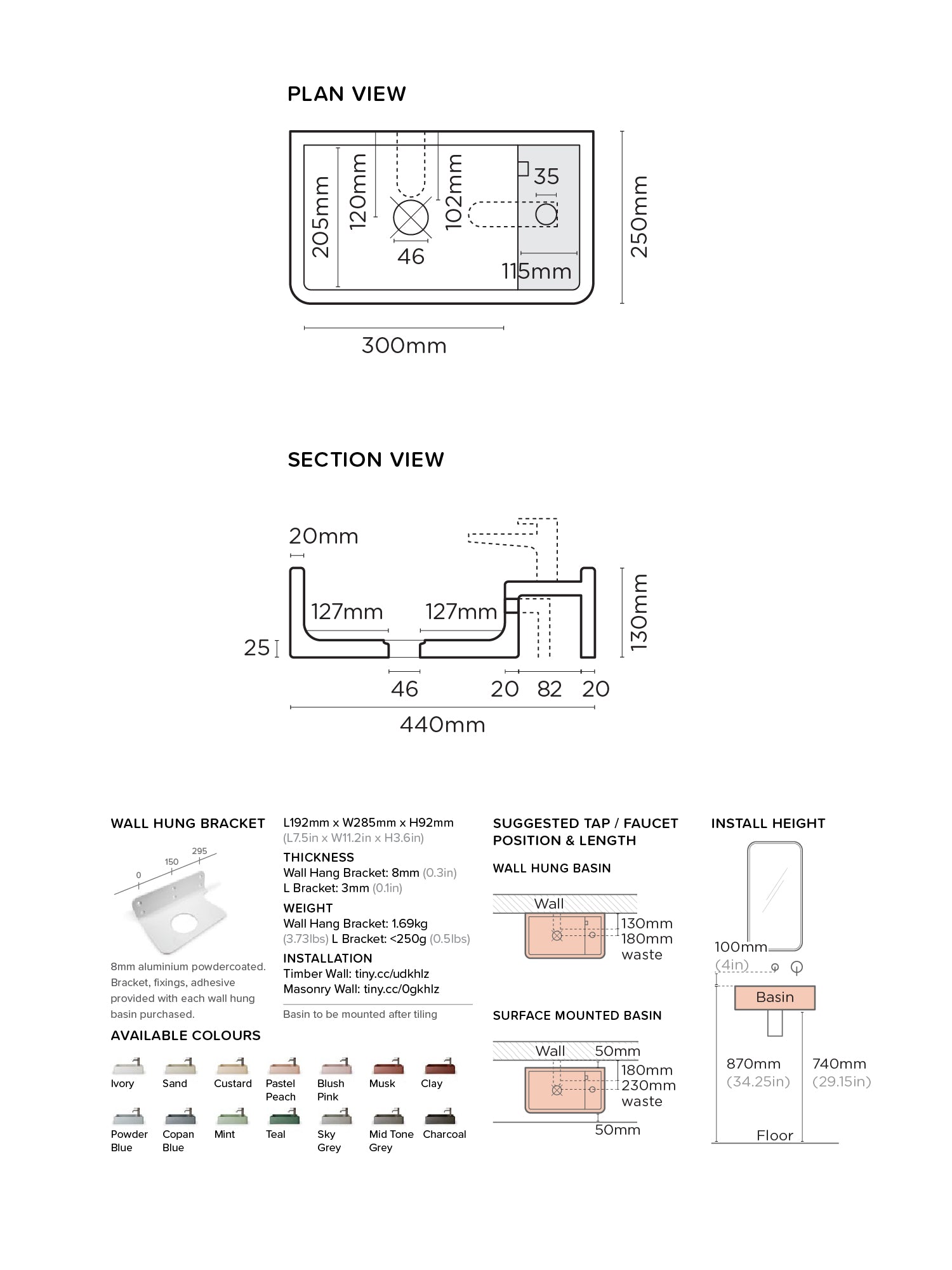 Shelf 01 Concrete Wall Hung Basin w/ Tap Hole & Overflow Kit