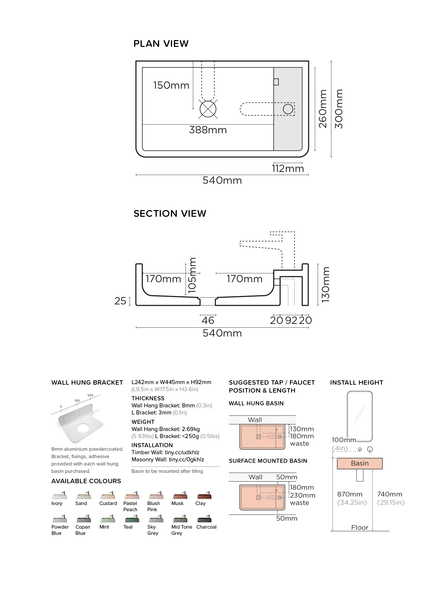 Shelf 02 Concrete Wall Hung Basin w/ Tap Hole & Overflow kit