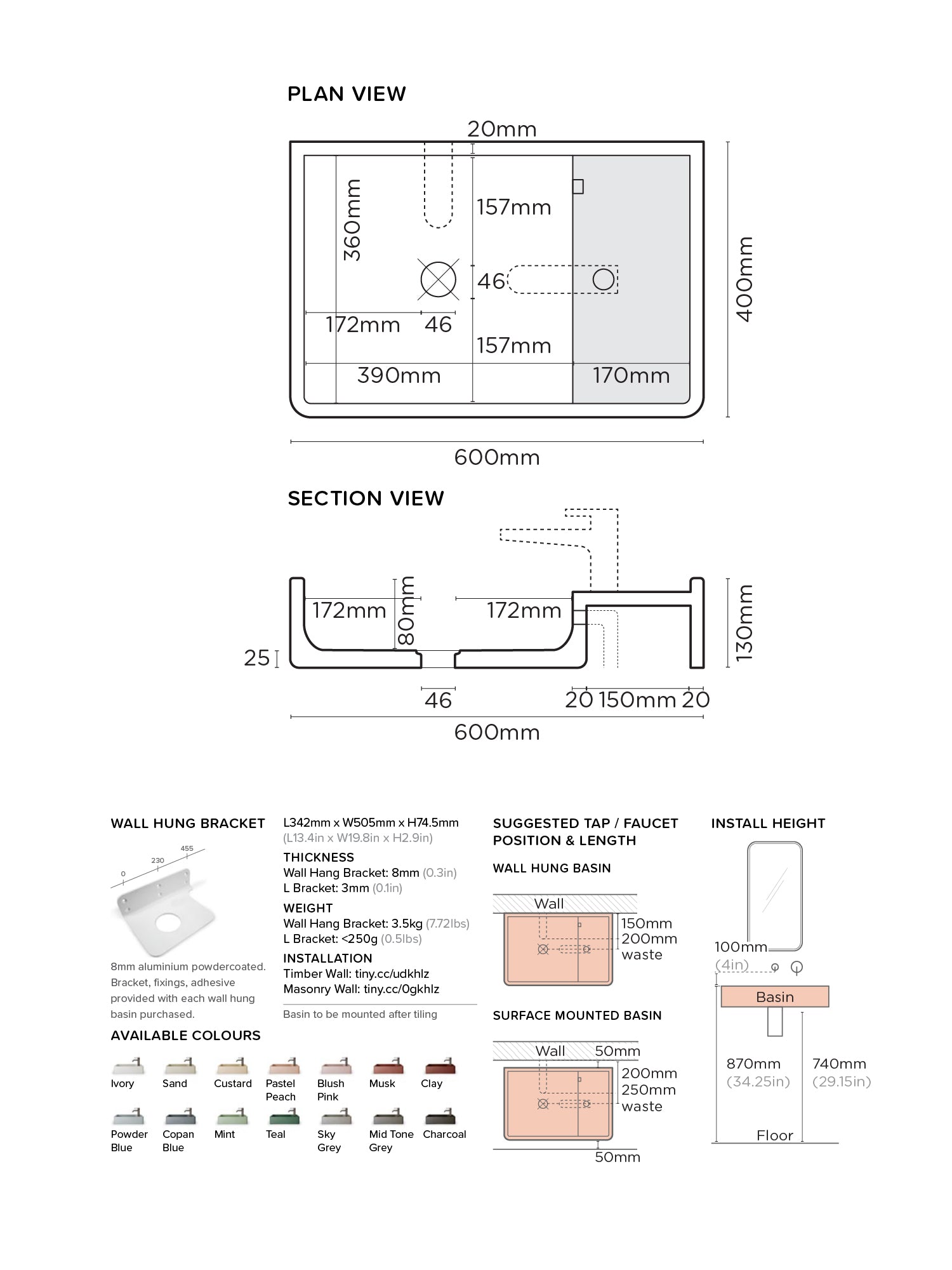 Shelf 03 Concrete Wall Hung Basin w/ Tap Hole & Overflow Kit