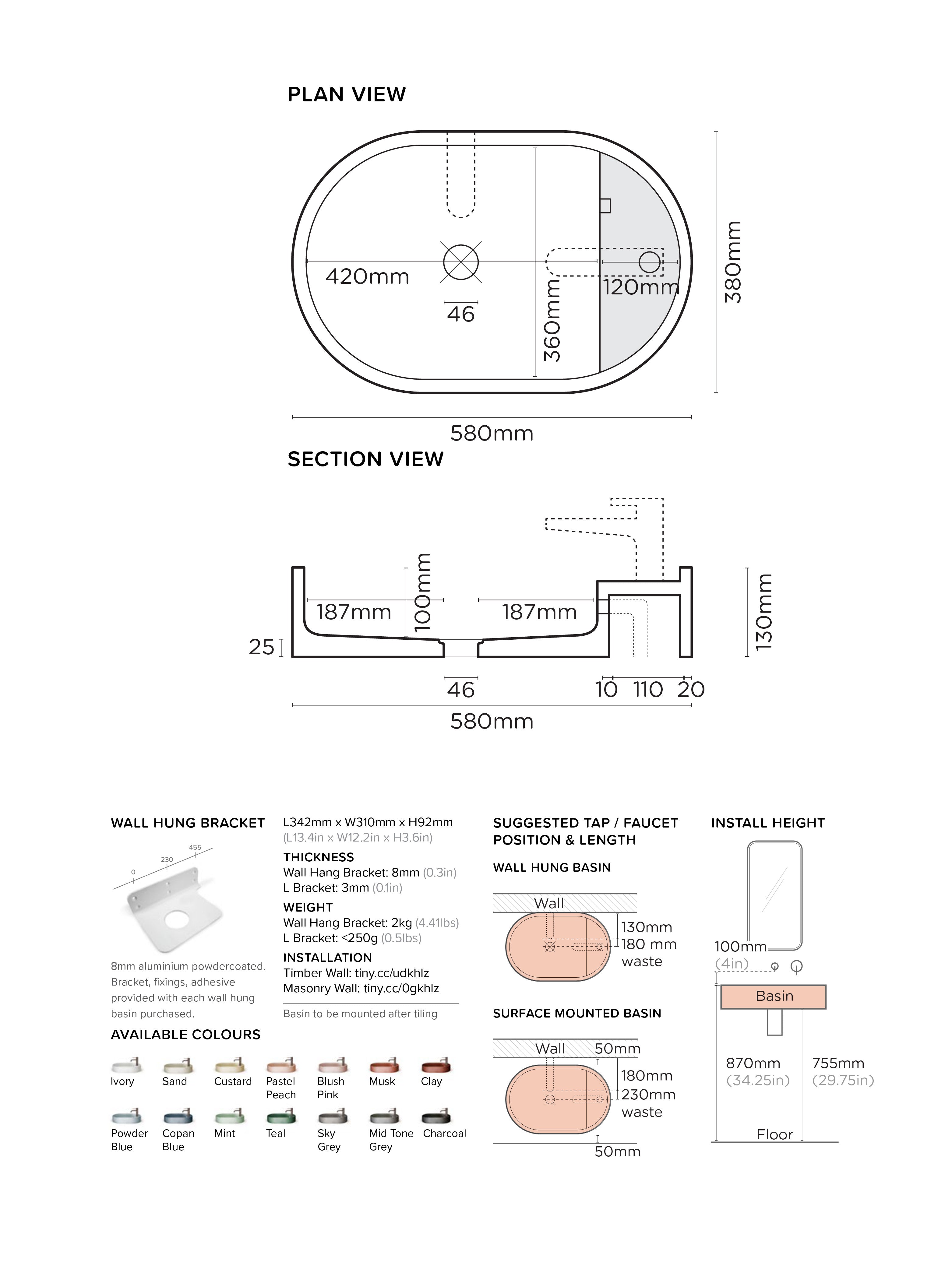 Shelf Oval Concrete Wall Hung Basin w/ Tap Hole & Overflow Kit